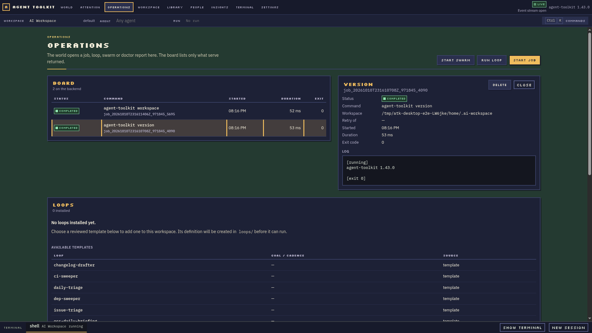 Actual Operations inspector listing real jobs and swarm runs with their current states