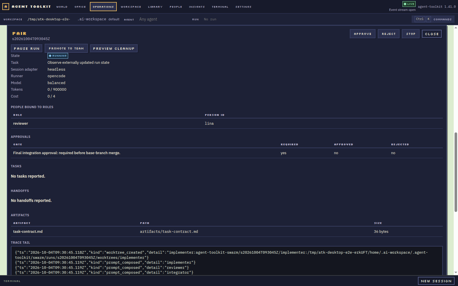 Actual Agent Toolkit Swarm run inspector showing live state, roles and recoverable operations